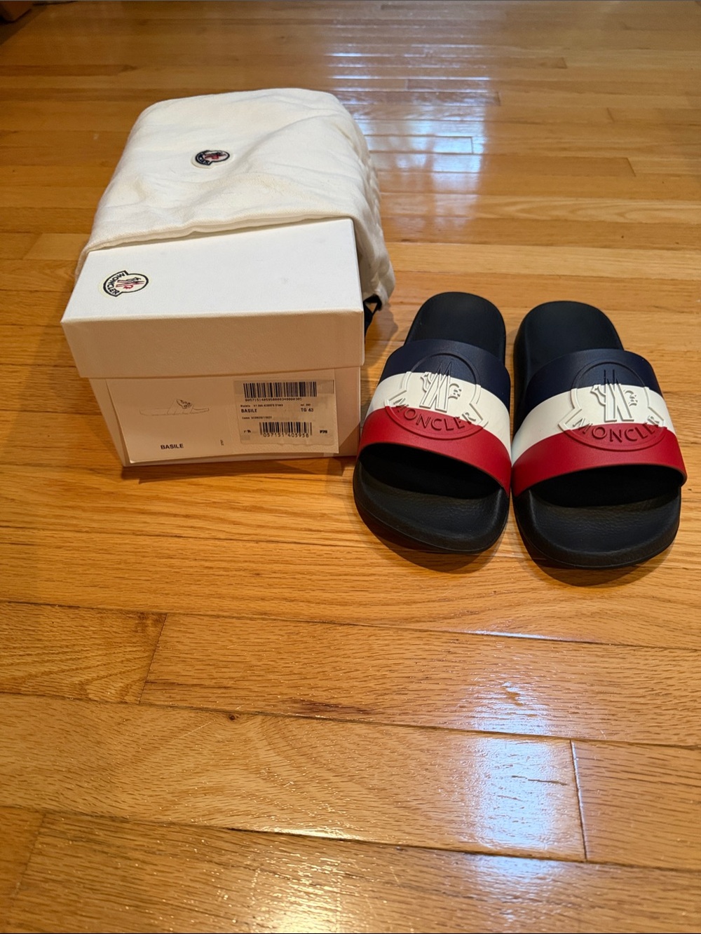 Moncler Navy White Red Slide Sandals with Tricolor Strap
